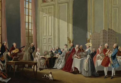 Le The a l'anglaise dans le salon des Quatre Glaces au Temple, avec toute la cour du prince de Conti ecoutant le jeune Mozart. Toile de Michel Barthélemy Ollivier Credit Musée du Louvre, Paris