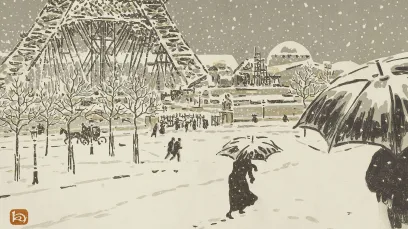 La tour en construction, vue du Trocadéro, dessin d’Henri Rivière, Musée Carnavalet