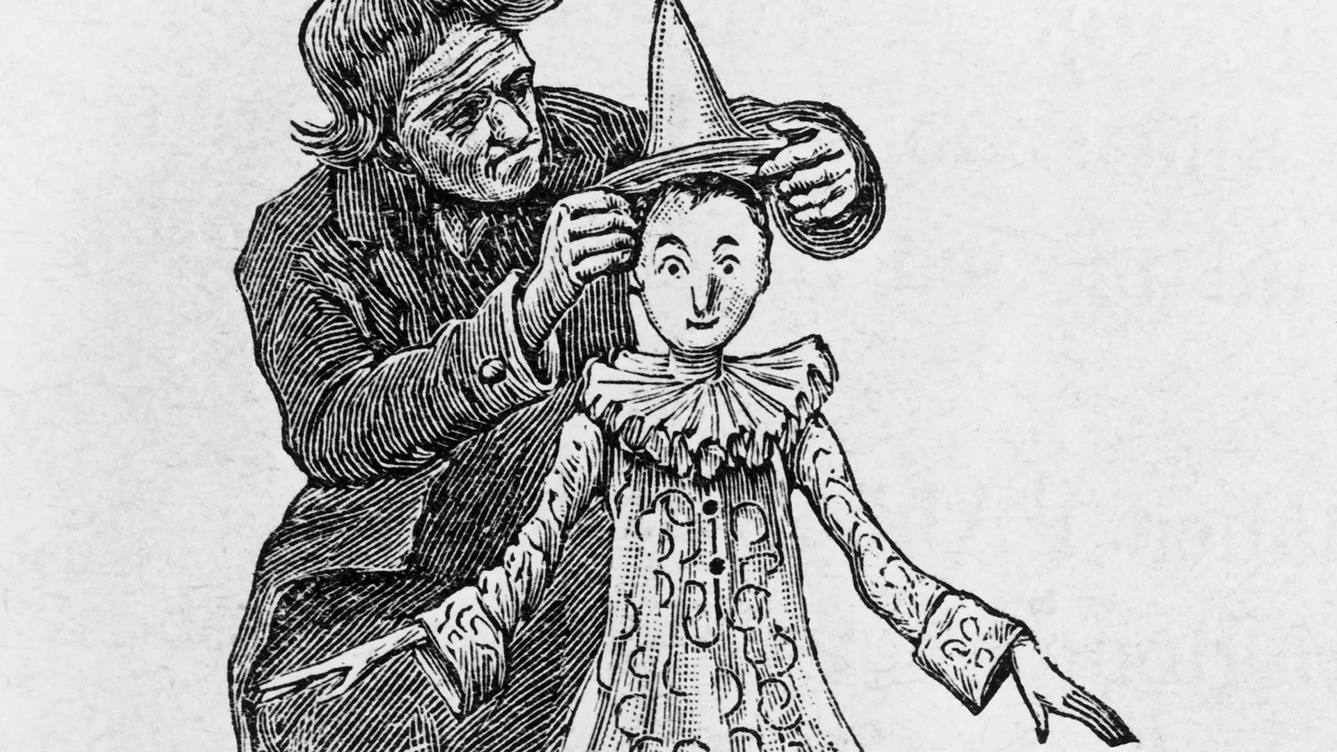 Maître Geppetto et Pinocchio, illustration pour Les Aventures de Pinocchio, roman pour enfants de Carlo Collodi (1826-1890), gravure d'après un dessin de Carlo Chiostri (1863-1939), 1901.
