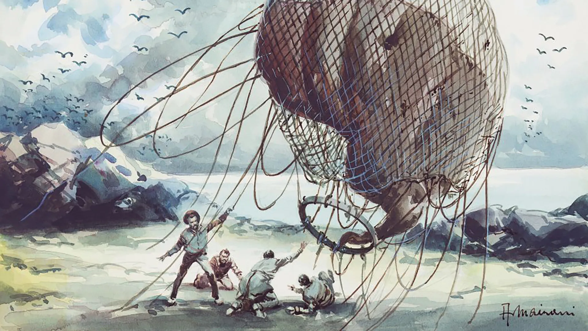 L'épave du ballon sur l'île, illustration pour L'île mystérieuse, roman d'aventures de Jules Verne (1828-1905), dessin.
