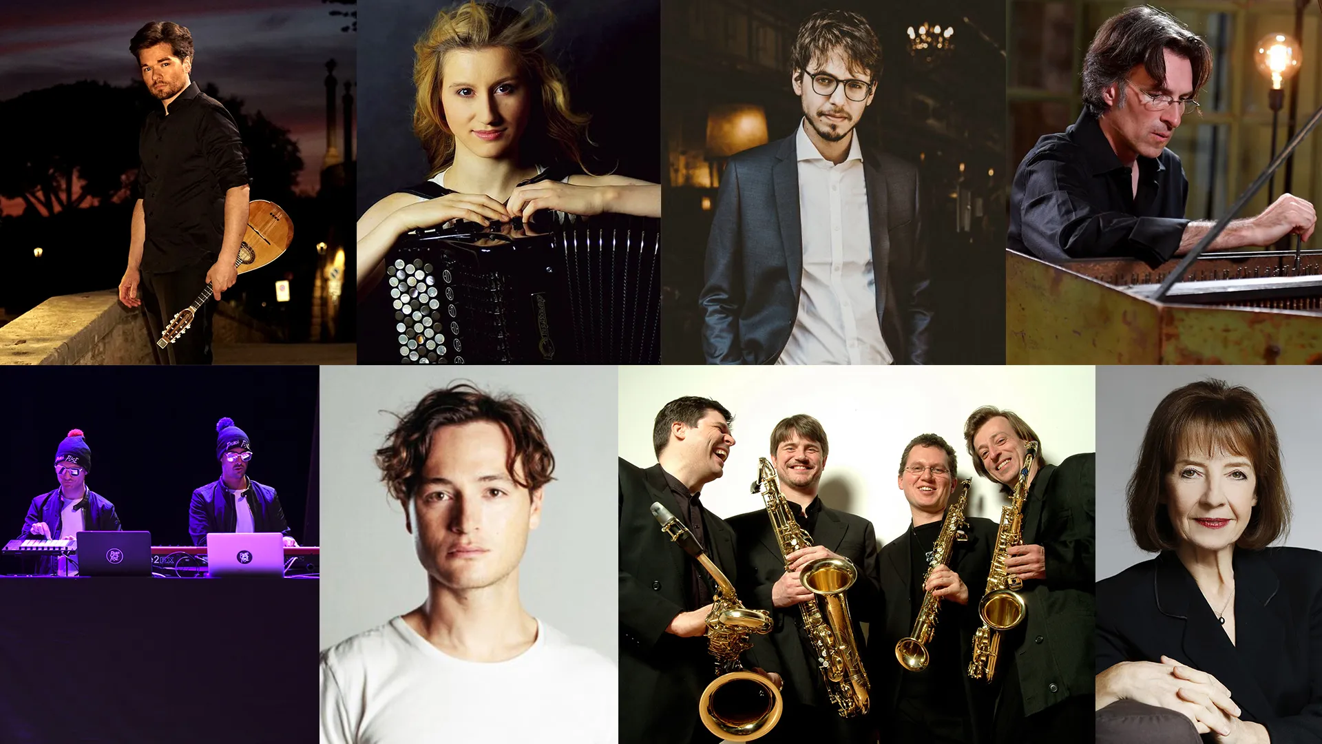 Julien Martineau © Kathy Sebbah | Basha Slavinska | Lucas Debargue © Xiomara Bender | Frédérick Haas © Marc Ginot | French Fuse © Christophe Abramowitz | Thomas Enhco © Frank Loriou | Quatuor XASAX © Fainsilber | Anne Queffélec © Caroline Doutre
