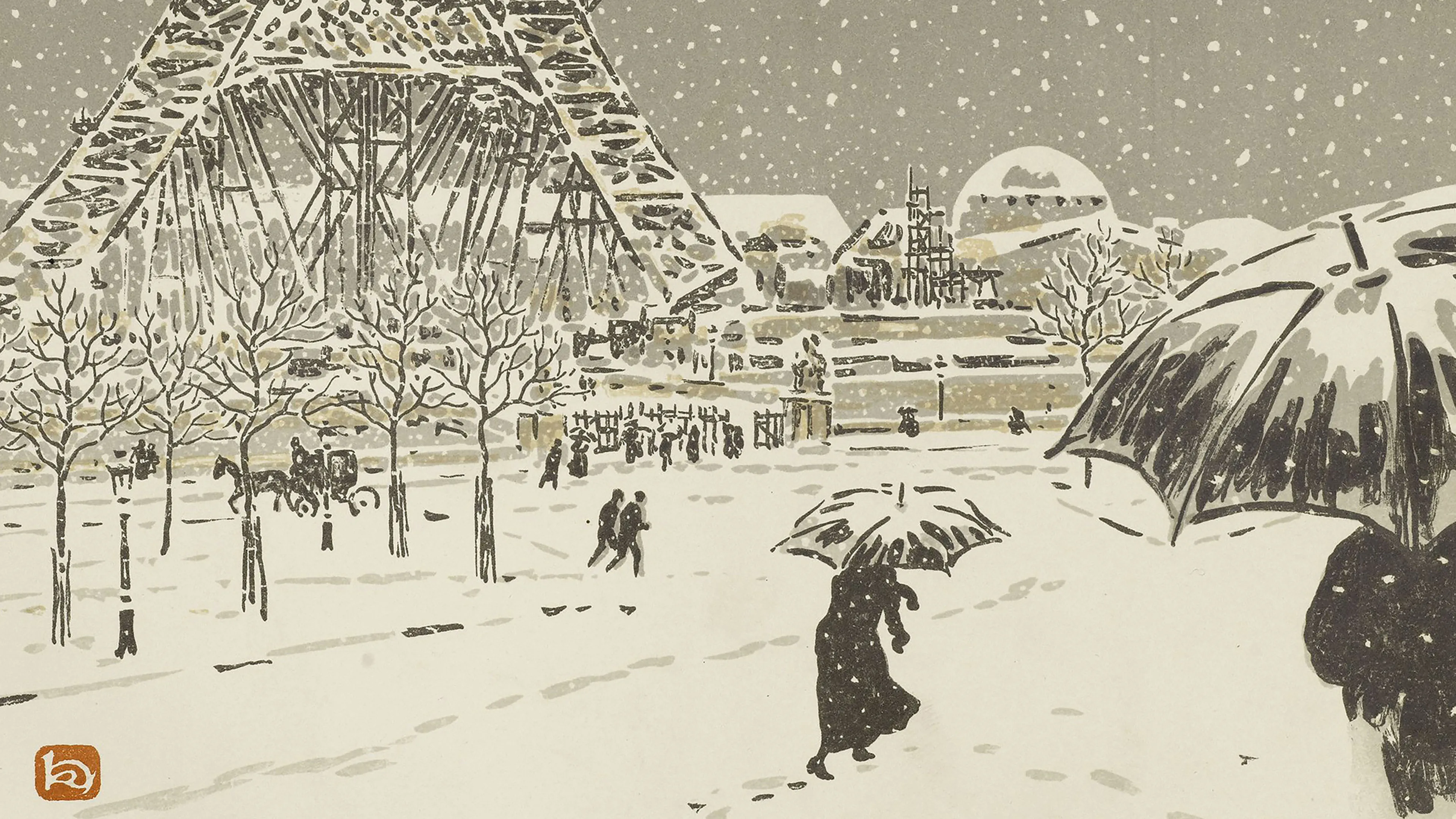 La tour en construction, vue du Trocadéro, dessin d’Henri Rivière, Musée Carnavalet