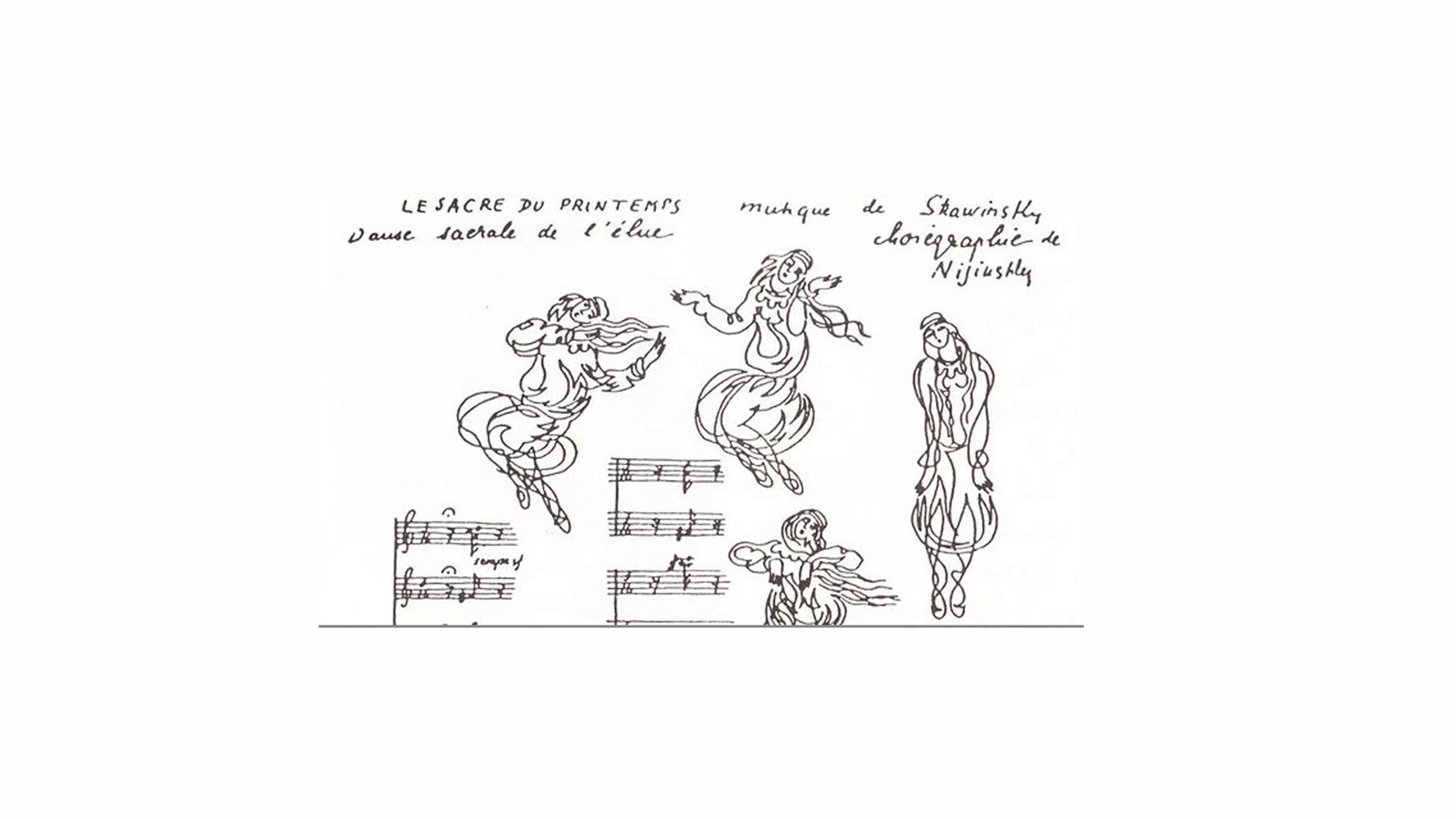 Dessins de la Danse du sacrifice et extraits de la partition du Sacre parus dans le magazine Montjoie ! (juin 1913), © Valentine Gross-Hugo, collaboratrice de Njinski
