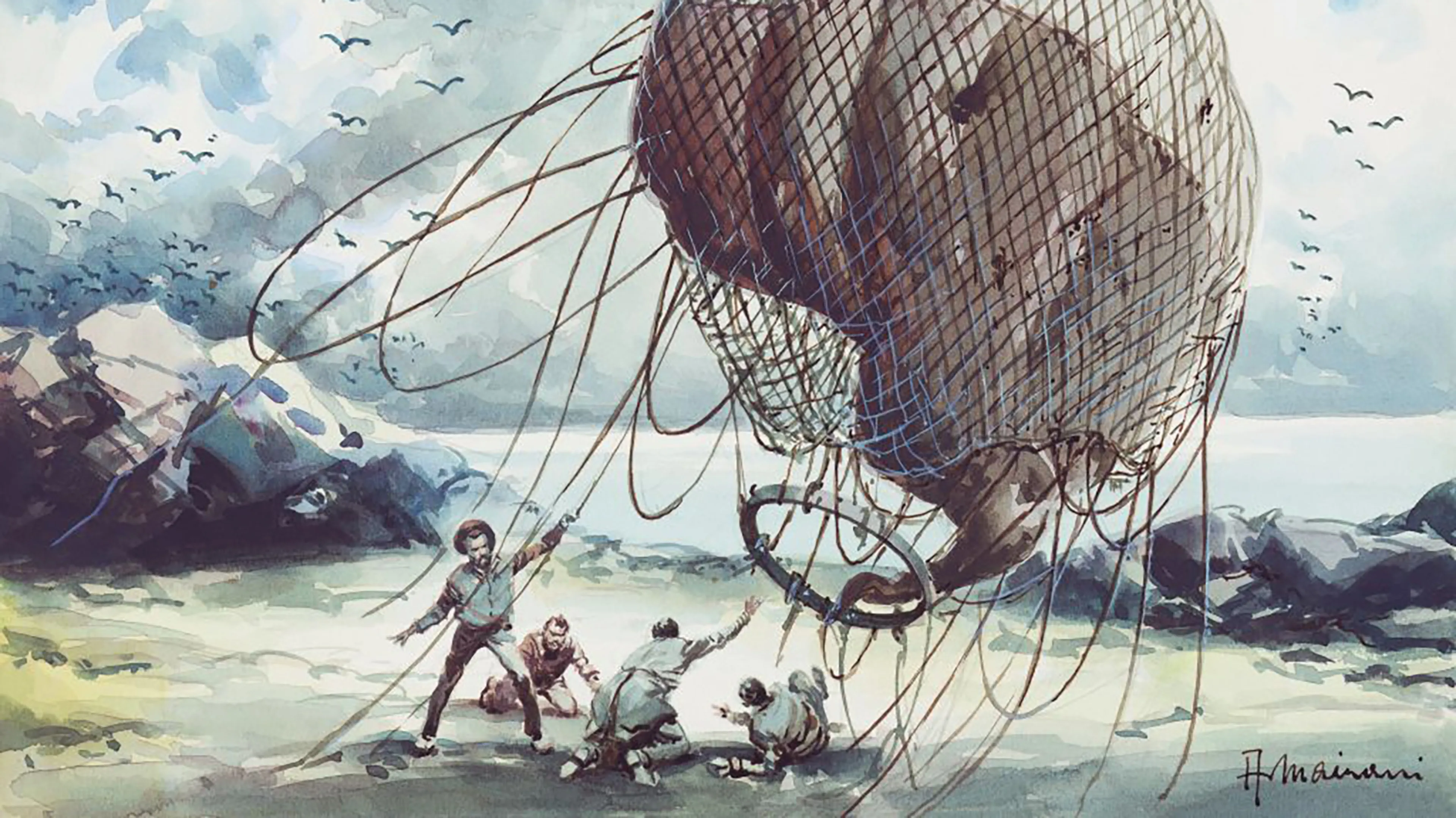 lile-mysterieuse-visuel.jpg L'épave du ballon sur l'île, illustration pour L'île mystérieuse, roman d'aventures de Jules Verne (1828-1905), dessin.